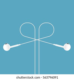 White headphones for iPhone, iPad with wire on blue background. Vector illustration