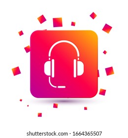 White Headphones with microphone icon isolated on white background. Square color button. Vector Illustration