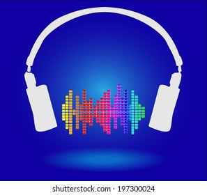 White headphones with music volume equalizer on blue vector illustration