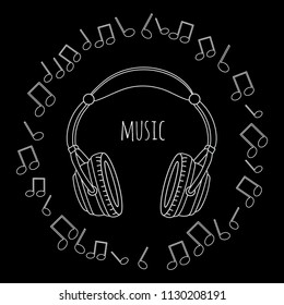 White headphones on a black background. Text: music. Isolated headphones. Framework of notes. Vector illustration. Suitable for printing on clothing, T-shirts, posters, postcards, design.