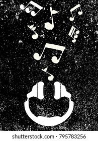 White headphones on a black retro background plays musical notes, vector illustration