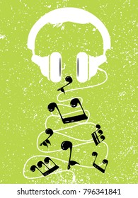 White headphones plays black, realistic musical notes, green, retro background design, vector illustration