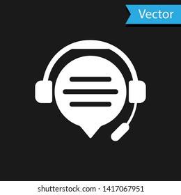 White Headphones with speech bubble chat icon isolated on black background. Support customer service, hotline, call center, faq, maintenance.  Vector Illustration