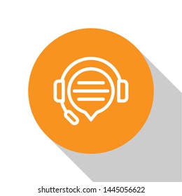 White Headphones with speech bubble chat icon isolated on white background. Support customer service, hotline, call center, faq, maintenance. Orange circle button. Vector Illustration