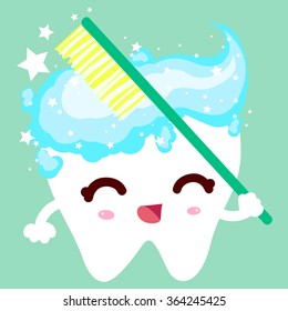 White healthy tooth brushing toothbrush and toothpaste. The tooth is very happy. Brush your every day. Dental health and beauty.