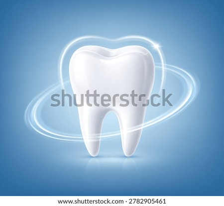 White healthy tooth with glowing protection barrier. Dental whitening and oral hygiene concept. Realistic vector illustration