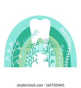 White healthy tooth on a background of rainbows and herbs. Mint and green colors, Flat style. The concept of oral hygiene and dental care. Vector hand-drawn illustration isolated on a white background