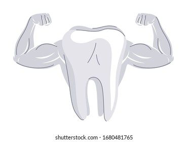 Diente blanco saludable con el concepto de manos musculares aisladas ilustración vectorial, dientes fuertes, dibujo de estilo simple mínimo.