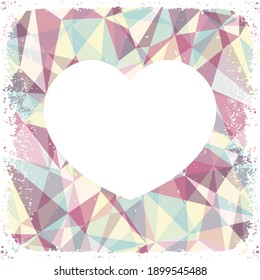 El corazón blanco. Antecedentes abstractos de triángulos multicolores. Tarjeta retro
