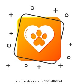 White Heart with animals footprint icon isolated on white background. Pet paw in heart. Love to the animals. Orange square button. Vector Illustration
