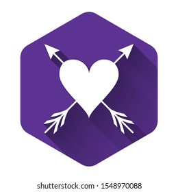 White Heart with arrow icon isolated with long shadow. Happy Valentine's day. Cupid dart pierced to the heart. Love symbol. Amour symbol. Purple hexagon button. Vector Illustration