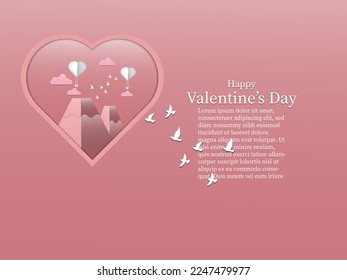 white heart balloon on sky with white clouds in heart frame on pink  background , paper cut style , Vector illustration ,love and Valentine's day Concept