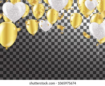 White Heart balloons and  balloon on background. Party helium balloons invitation template, concept, confetti and gold.