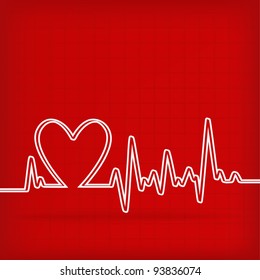 White Heart Beats Cardiogram on Red background - vector illustration