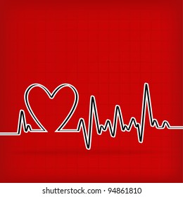 White Heart Beats Cardiogram on Red background - vector illustration