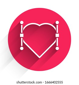 White Heart with Bezier curve icon isolated with long shadow. Pen tool icon. Red circle button. Vector Illustration