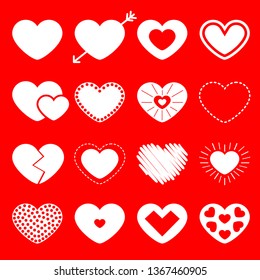 White heart big icon set. Happy Valentines day sign symbol template. Different shape. Arrow, dash line. Paper and scribble line effect. Flat design. Love greeting card. Isolated Red background. Vector