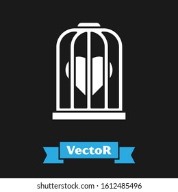 White Heart in the bird cage icon isolated on black background. Love sign. Valentines symbol.  Vector Illustration