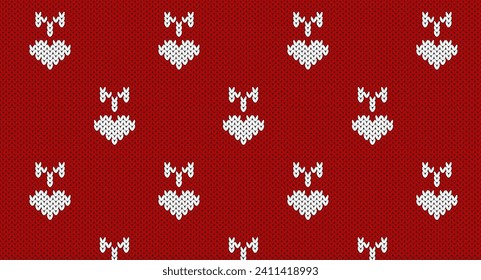 White heart and bow on red knitted pattern, Festive Sweater Design. Seamless Knitted Pattern