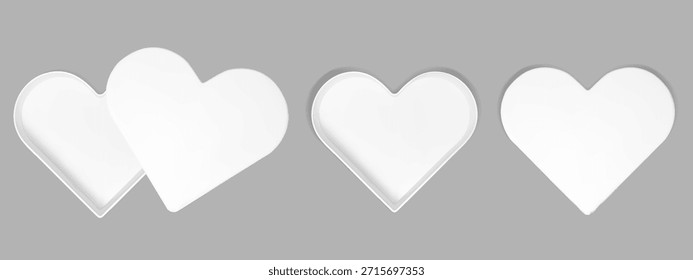 Weißer Herzkasten, Draufsicht. Öffnen Sie die Kartonpackung und Schatten innen. Realistisches 3D Valentinstag Geschenkmockup mit leerem Interieur und Papierdeckel. Vektorgrafik für mysteriöse Bonbonbehälter einzeln.
