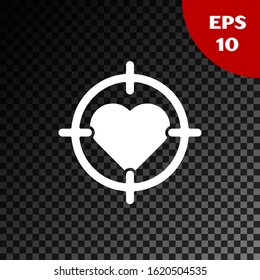 White Heart in the center of darts target aim icon isolated on transparent dark background. Valentines day.  Vector Illustration