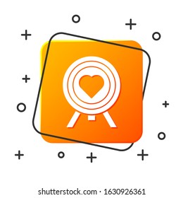 White Heart in the center of darts target aim icon isolated on white background. Valentines day. Orange square button. Vector Illustration