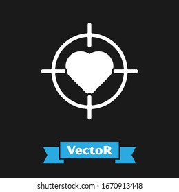 White Heart in the center of darts target aim icon isolated on black background. International Happy Women Day.  Vector Illustration