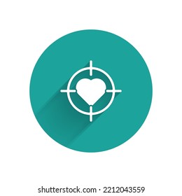 White Heart in the center of darts target aim icon isolated with long shadow. International Happy Women Day. Green circle button. Vector Illustration