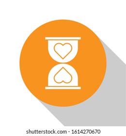 White Heart in the center old hourglass icon isolated on white background. Valentines day. Orange circle button. Vector Illustration