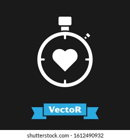 White Heart in the center stopwatch icon isolated on black background. Valentines day.  Vector Illustration