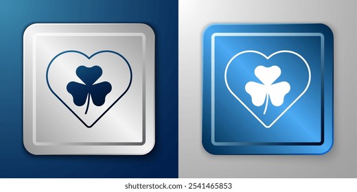 Corazón blanco con el icono de la hoja del trébol del trébol aislado en fondo azul y gris. Feliz día de San Patricio. Fiesta nacional irlandesa. Botón cuadrado plateado y azul. Vector