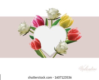 White Heart Copy Space Blank Card Over Roses And Tulips Flowers On A Rectangular Panel And White Background With Decorative Text