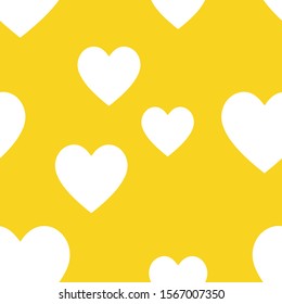 White heart design element seamless pattern. Yellow background textile texture. Love letter background. Vector illustration.