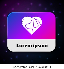White Heart with dog icon isolated on black background. Pet paw in heart. Love to the animals. Rectangle color button. Vector Illustration