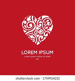 Emblema del corazón blanco sobre fondo rojo. Se puede usar para la joyería, la belleza y la industria de la moda. Ideal para emblema, monograma, invitación, volante, menú o cualquier idea deseada.