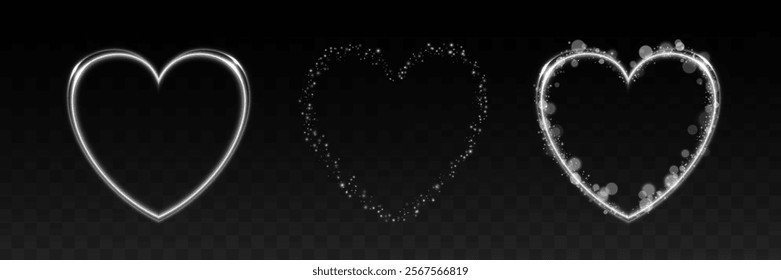 White heart with flashes highlighted on transparent background. Light up heart for holiday cards, banners, Valentine's Day. Neon glowing heart shape .