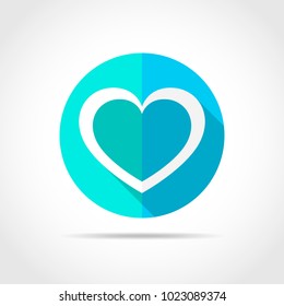 White heart in flat design with long shadow. Vector illustration. Simple heart icon on a blue circle.