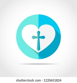 White heart in flat design with long shadow. Vector illustration. Heart with Christian cross on a blue circle.