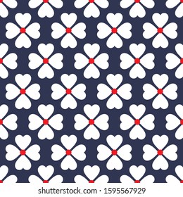 White heart four petal saint patrick clover seamless pattern vector. Blue background. Fabric designs.