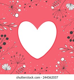 White heart frame at pastel pink background with nature inspired branches and plants. Vector hand drawn elements.