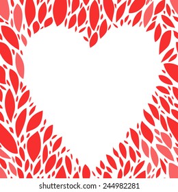 White heart frame in red leaves and petals seamless pattern, vector