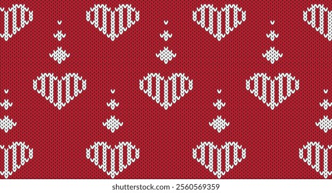 White heart and geometric knitted pattern, Festive Sweater Design. Seamless Knitted Pattern