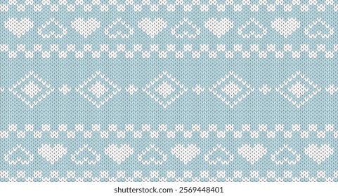 White heart and geometric knitted pattern, Festive Sweater Design. Seamless Knitted Pattern