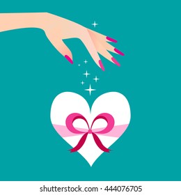 White heart gift box with ribbon and bow. Elegant women's hand. Celebration concept. Vector illustration style.