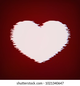 White heart with glitch effect on a dark red background. Valentine’s day greeting card. Symbol of love vector illustration. Easy to edit design template for your artworks.