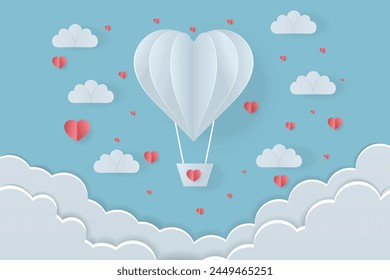 White heart hot air balloon and clouds on a blue background vector illustration. Valentine's day card, wallpaper design