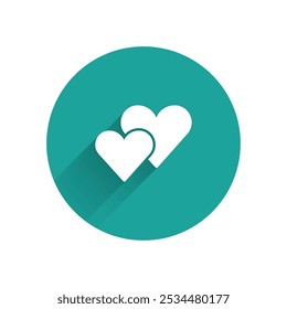 White Heart icon isolated with long shadow. Romantic symbol linked, join, passion and wedding. Valentine day symbol. Green circle button. Vector