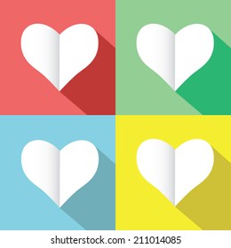 White heart icon with long shadow, flat design vector illustration.