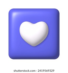 White heart icon on purple square button. 3d cartoon design element. Vector illustration.