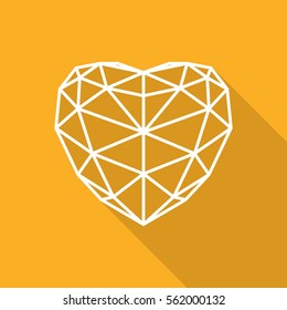 White heart icon. Simple triangular sign of the heart with long shadow. Symbol of the heart on orange background. Symbol of the love. Vector illustration.